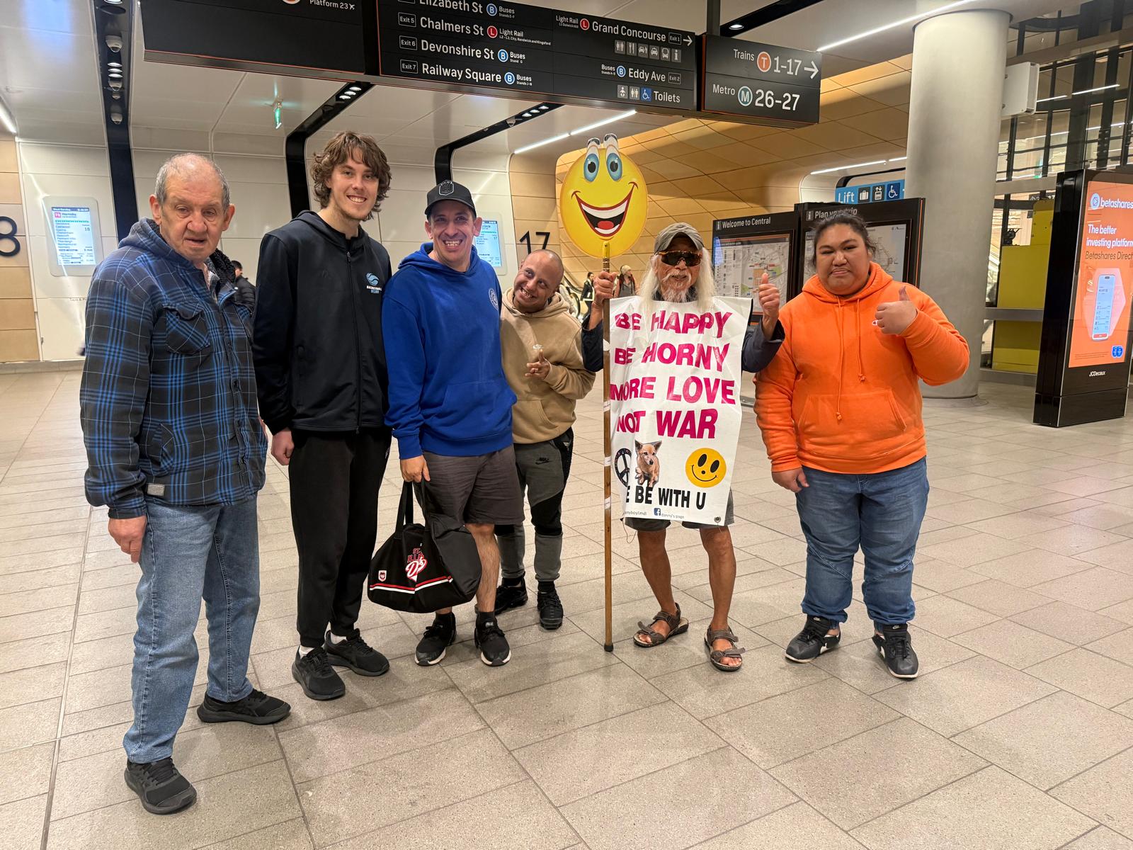 The group meeting a local character at Central Station